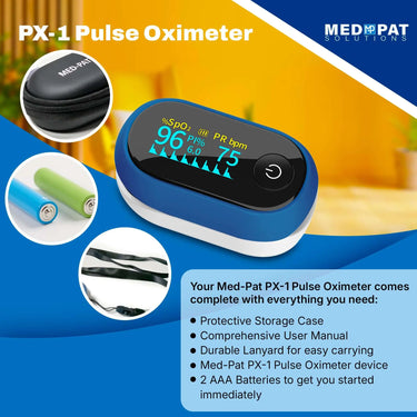 Med-Pat PX-1 Pulse Oximeter with display readings, storage case, user manual, and lanyard for easy carrying.